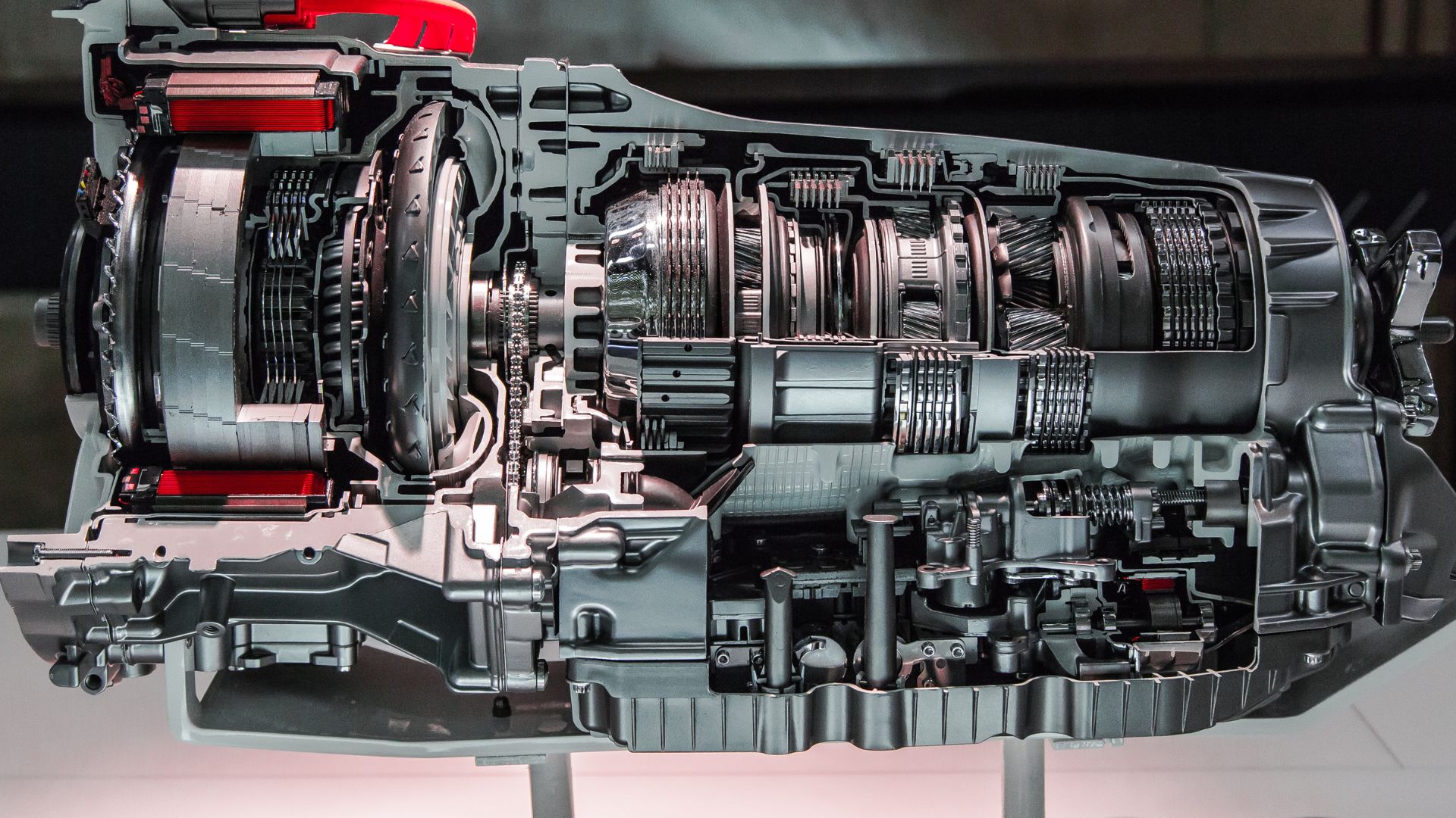Cross-section of a complex automotive transmission with intricate gears