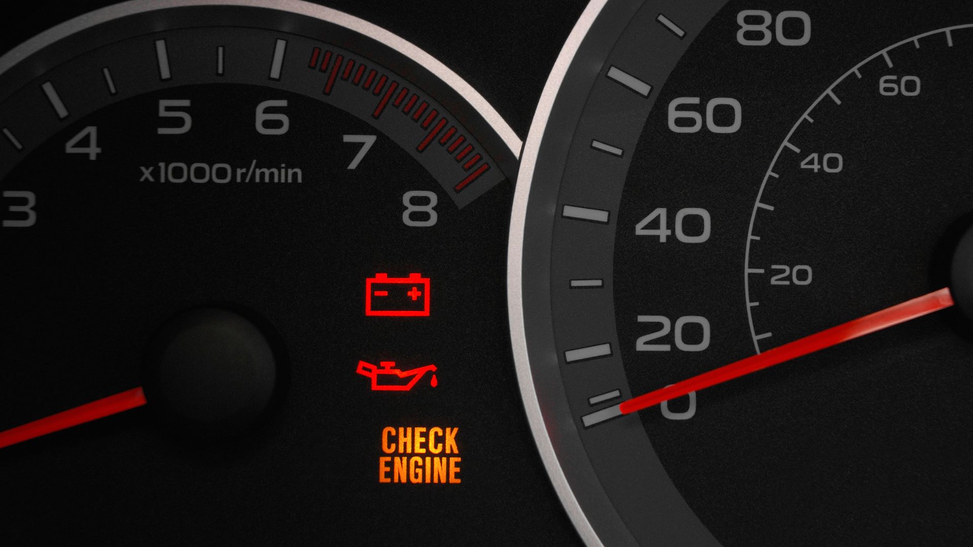 Car dashboard with check engine light on and warning indicators