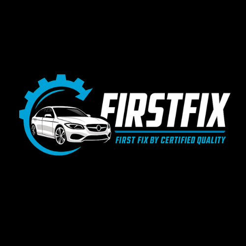 FirstFix automotive repair logo with white car and blue gear