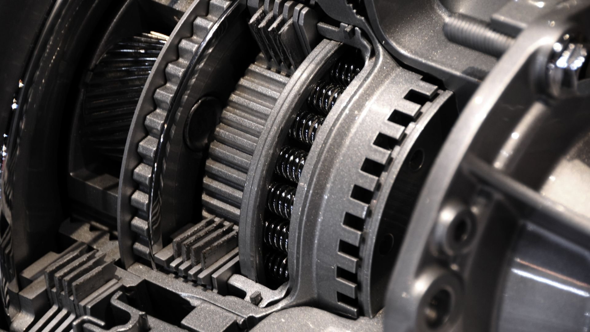 Close-up of metallic gears and mechanical components in intricate detail